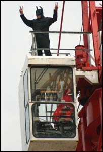 'Batman' protests on top of the crane. Picture courtesy of Chris Young