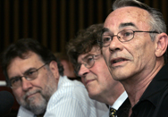 Steven Truscott and his lawyers, James Lockyer (centre) and Phillip Campbell (left), at the news conference in Toronto Tuesday following the Ontario Court of Appeal ruling that overturned Mr. Truscott's 1959 conviction in the rape and murder of a 12-year-old classmate Lynne Harper. Mark Blinch/Reuters